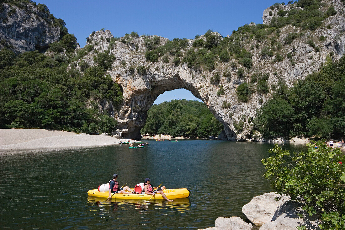 Paddling on Ardeche river at Pont d'Arc, France, Europe