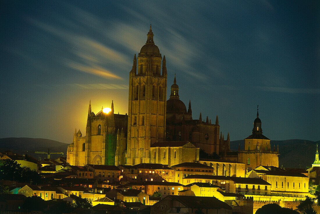 Moonrise,old town and cathedral,Segovia,Castilla-Leon,Spain