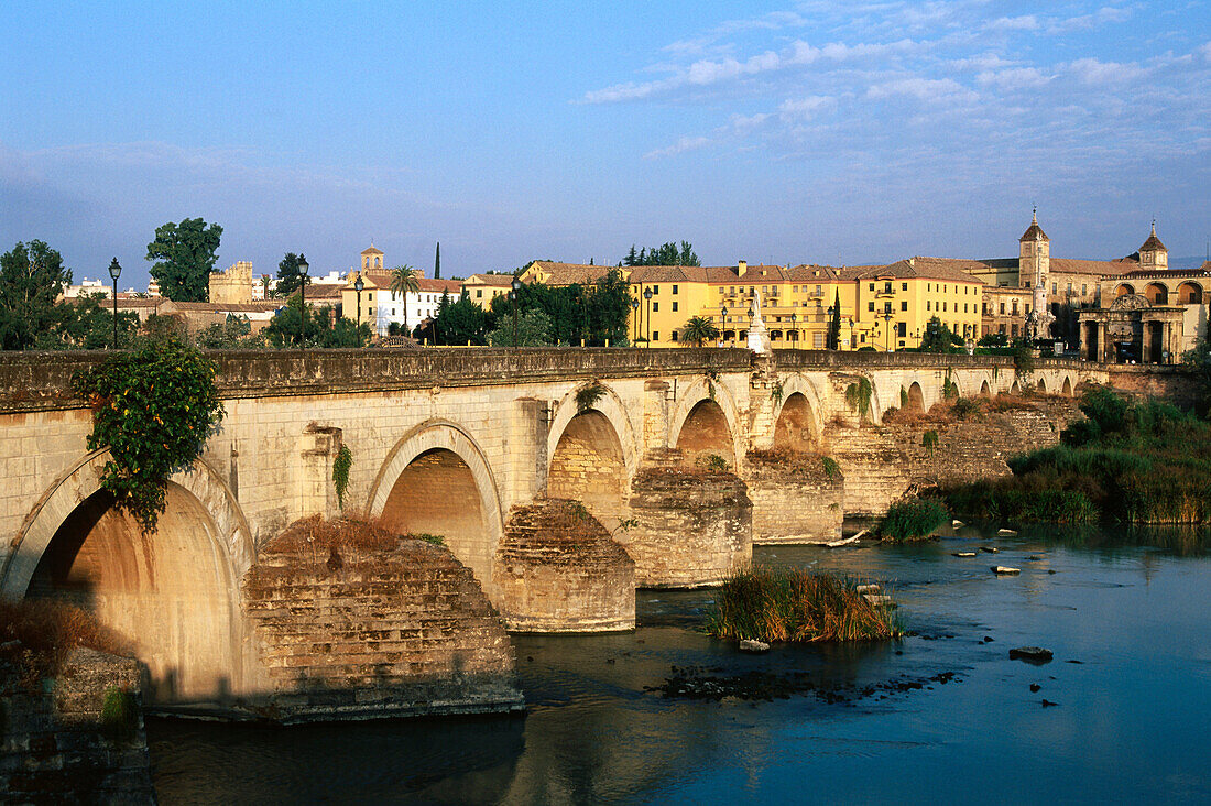 Townscape with Puente Romano, Roman bridge, Rio Guadalquivir, Guadalquivir River, Historic Centre of Cordoba, Cordova, Andalusia, Spain