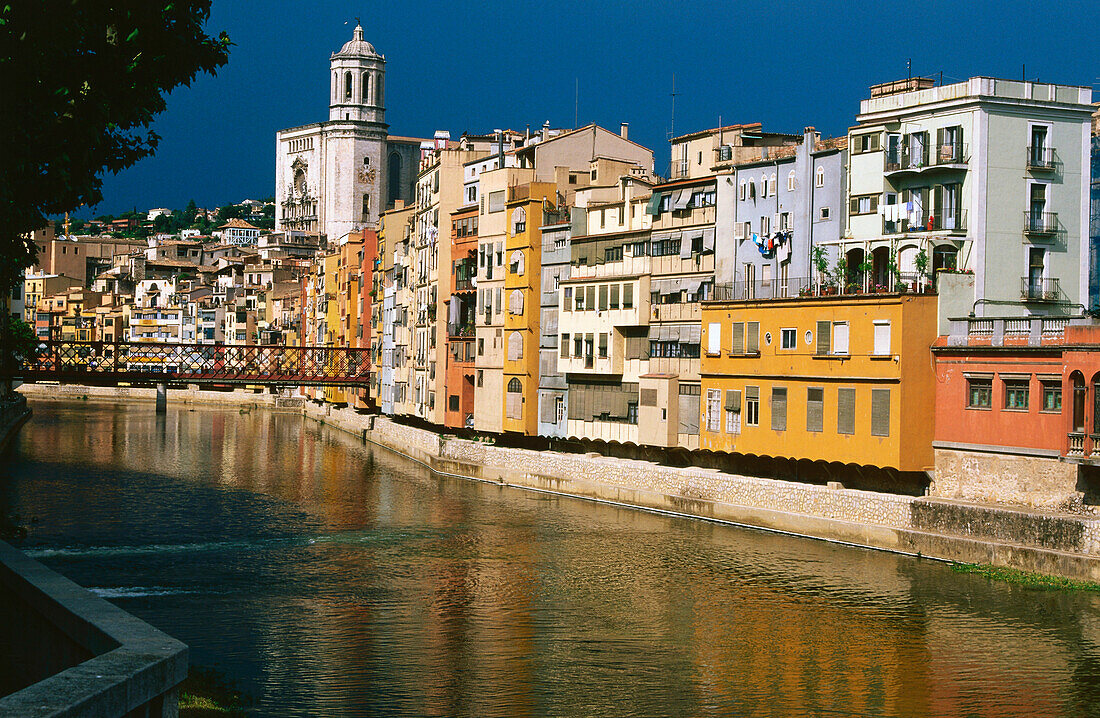 Cathedral and river, Rio Onyar, with iron bridge (from Gustave Eiffel),old town,Girona,Catalonia,Spain