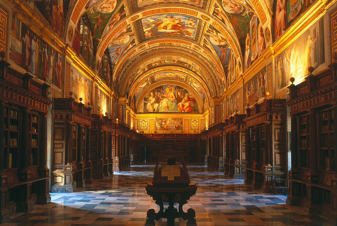 Library inside the monastery,Monasterio de El Escorial,Province Madrid,Spain