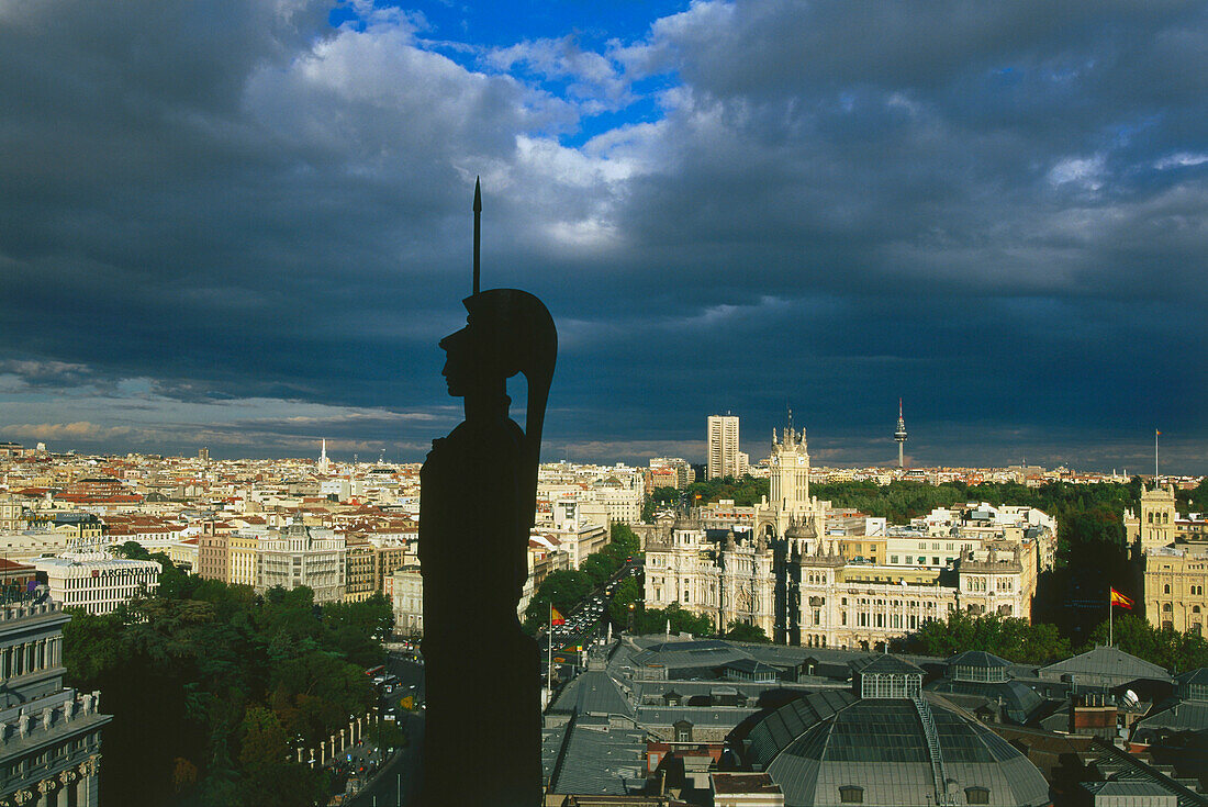 Minerva sculpture and view of Plaza de la Cibeles, taken from the roof of the Circulo de Bellas Artes, Madrid, Spain