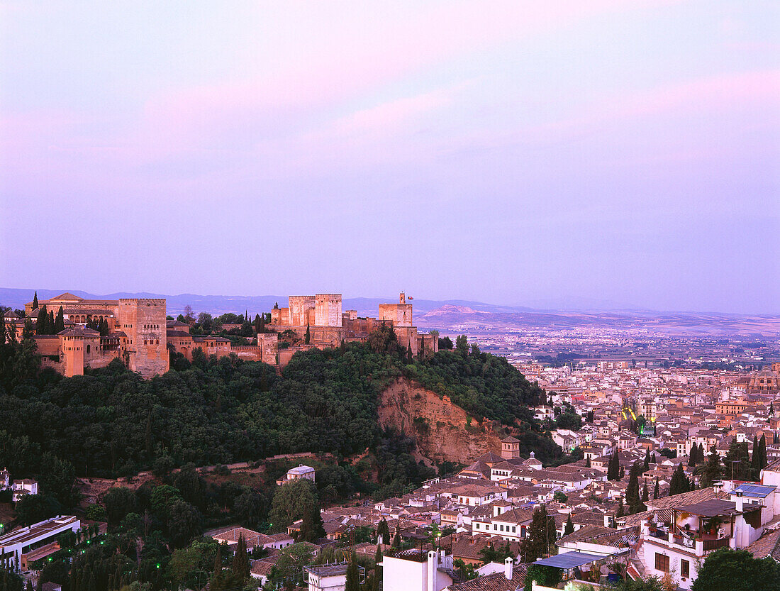 Alhambra,taken from Sacramonte,view over Albaicin,Granada,Andalusia,Spain