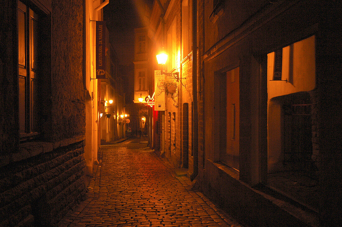 Street at night, old town, Tallinn, Estonia