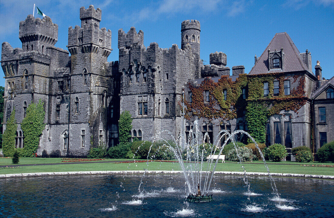 View of Ashford castle with fountain, Hotel Cong, County Mayo, Ireland