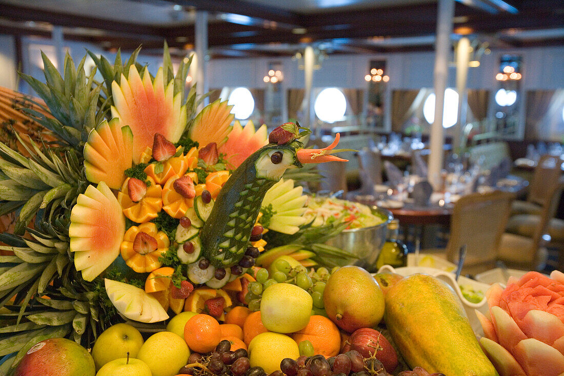 Fruit display in the shape of a peacock, aboard the Star Clipper, Caribbean Sea