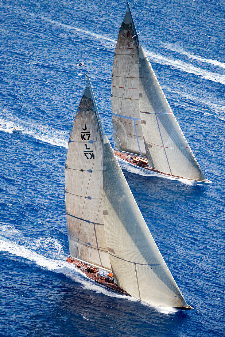 Aerial Photo of J-Class Cutters,Velsheda and Ranger, Antigua Classic Yacht Regatta, Antigua