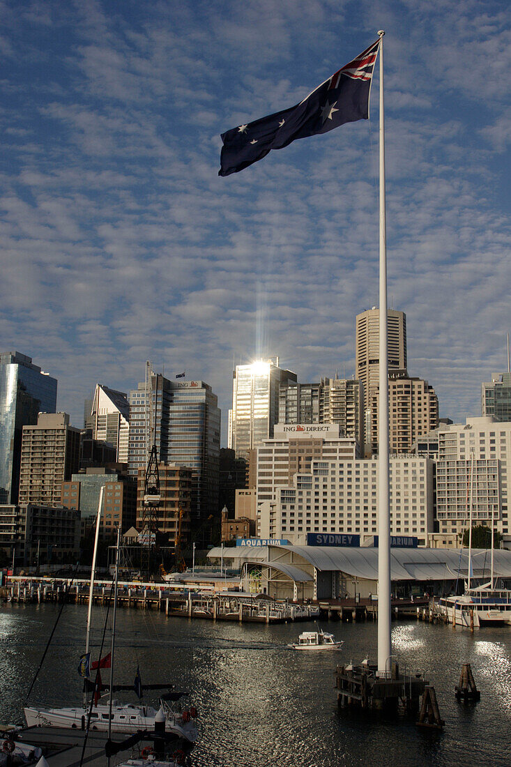 view from Pyrmont bridge, sydney aqurium, skyline, central business district, CBD, state Capital of New South Wales, Sydney, Australia