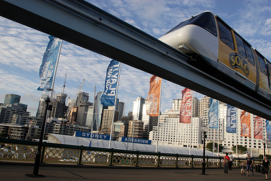 Metro Monorail, Pyrmont bridge, sydney aqurium, skyline, central business district, CBD, state Capital of New South Wales, Sydney, Australia