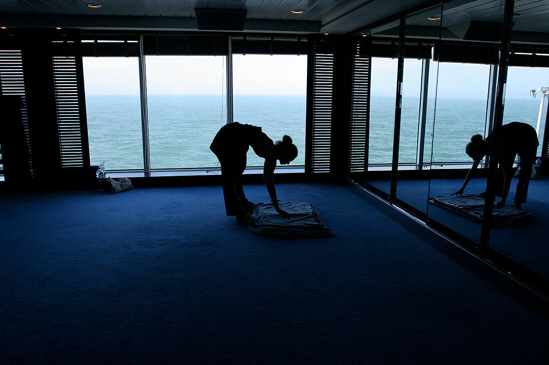 gym, exercises, Yoga, young woman, ocean view, cruise ship MS Delphin Renaissance, Cruise Bremerhaven - South England, England