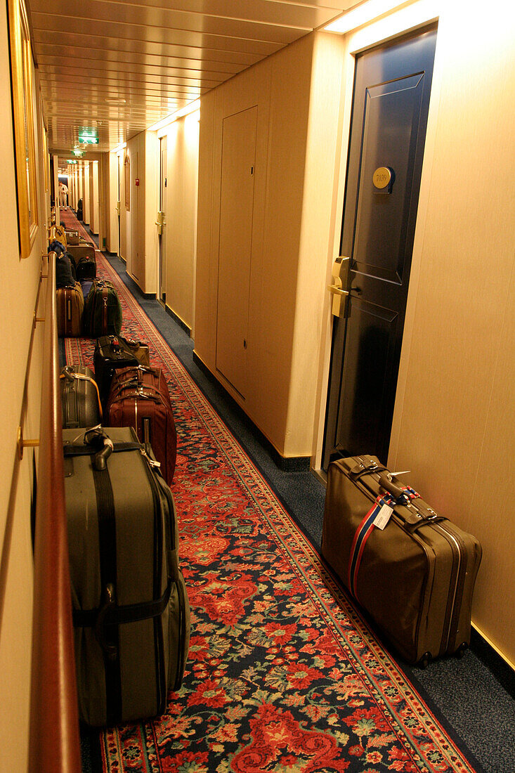 alleyway, aisle, baggage, cruise ship MS Delphin Renaissance, Cruise Bremerhaven - South England, England