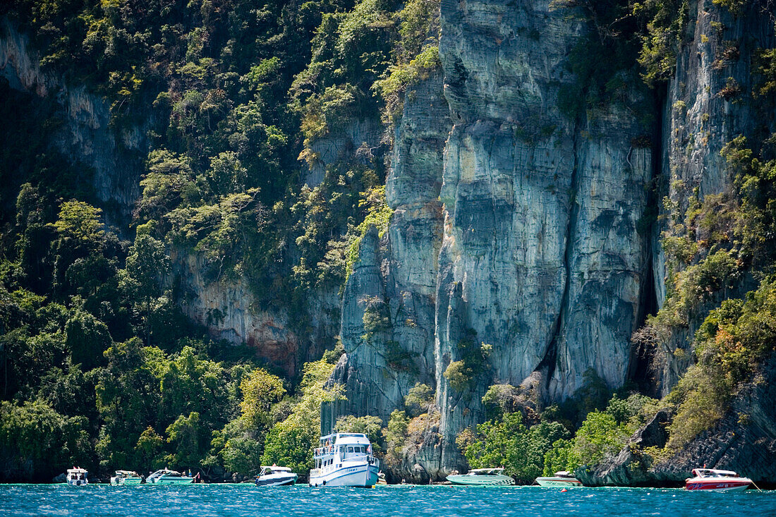 Boats in front of overgrown cliffy scenery, Ko Phi Phi Don, Ko Phi Phi Islands, Krabi, Thailand, after the tsunami
