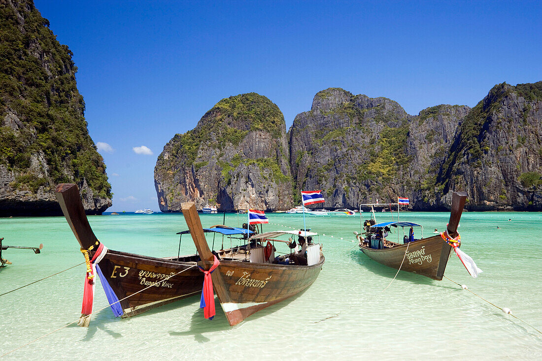 View over Maya Bay, a beautiful scenic lagoon, famous for the Hollywood film &quot;The Beach&quot; with anchored boats, Ko Phi-Phi Leh, Ko Phi-Phi Islands, Krabi, Thailand, after the tsunami