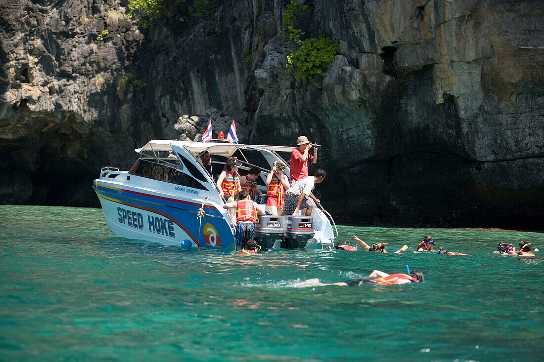 Snorkeling trip to Maya Bay, a beautiful scenic lagoon, famous for the Hollywood film "The Beach", Ko Phi-Phi Leh, Ko Phi-Phi Islands, Krabi, Thailand, after the tsunami