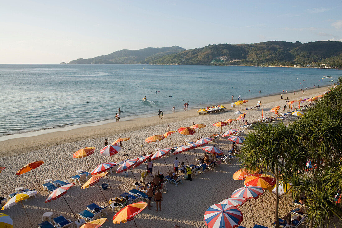 View over Patong Beach with a lot of parasols and sunloungers, Ao Patong, Hat Patong, Phuket, Thailand, after the tsunami