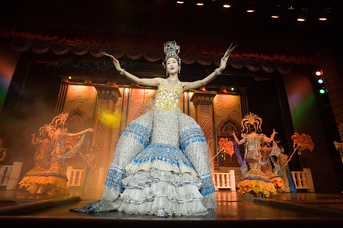 Performance of the song "Amazing Thailand" on stage of the Simon Cabaret, a famous Transvestite Cabaret, Patong Beach, Ao Patong, Hat Patong, Phuket, Thailand