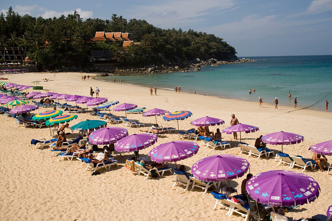 View over Katong Beach with a lot of parasols and sunloungers, Ao Katong, Hat Katong, Phuket, Thailand, after the tsunami