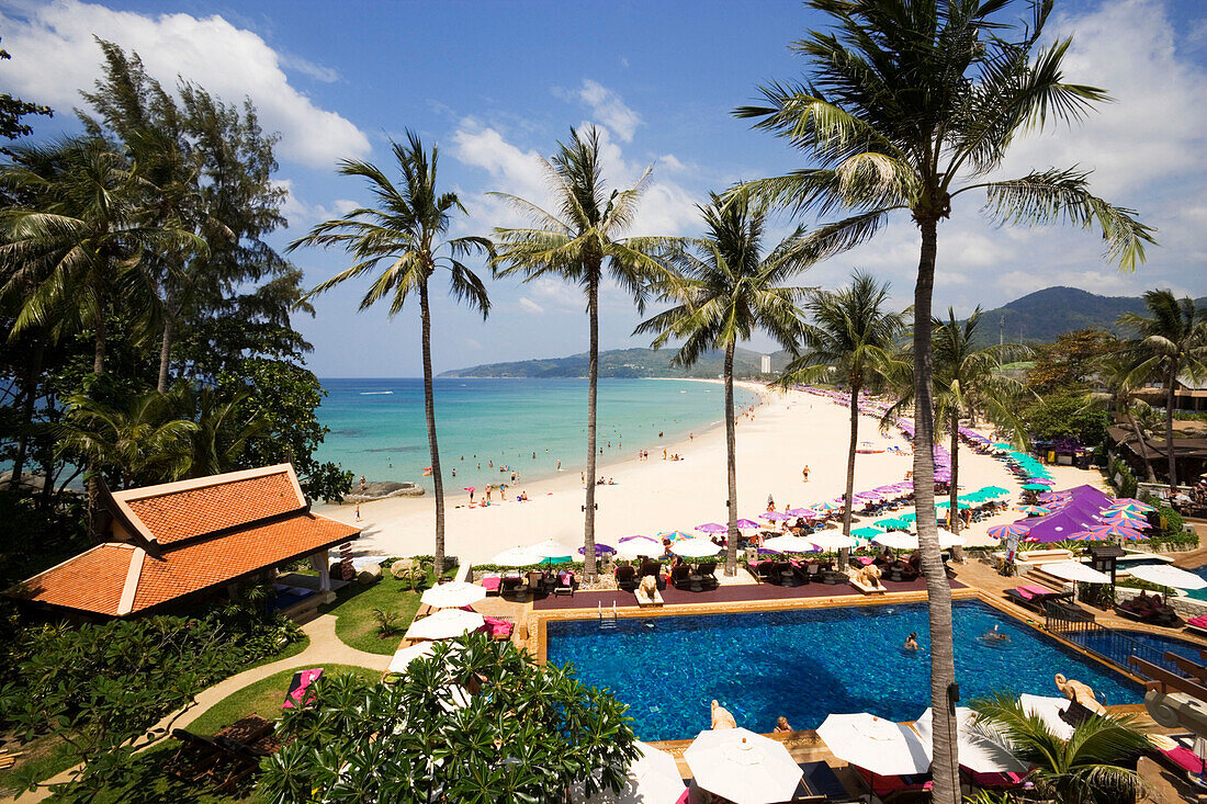 View over Karon Beach Resort to sandy beach, Ao Katong, Hat Katong, Phuket, Thailand, after the tsunami