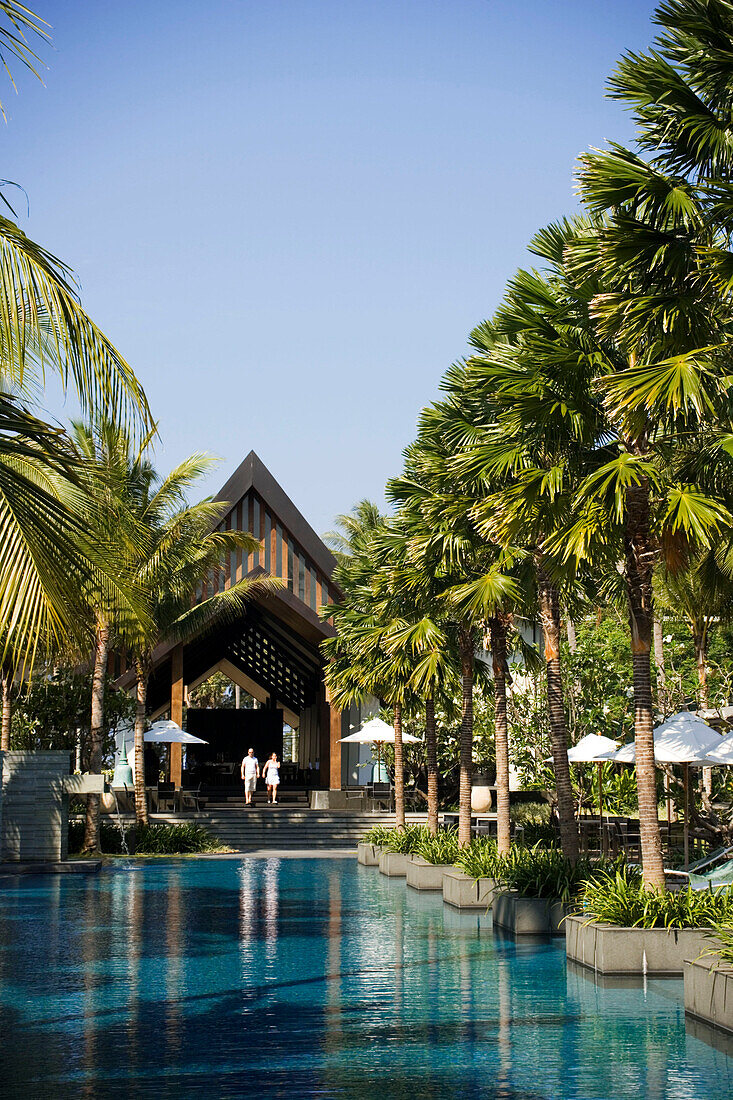 View over a swimming pool to an entrance of the luxury hotel Twinpalms Phuket Resort, Phuket's most exciting and stylish contemporary resort, Surin Bay, Hat Surin, Phuket, Thailand