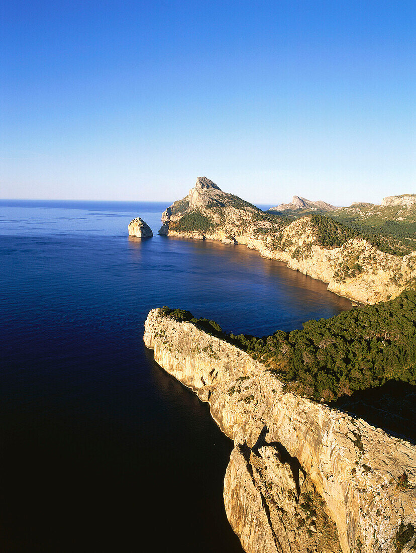 View of cap de Formentor with Isla Colomer taken from Mirador d'es Colomer, Mallorca, Spain