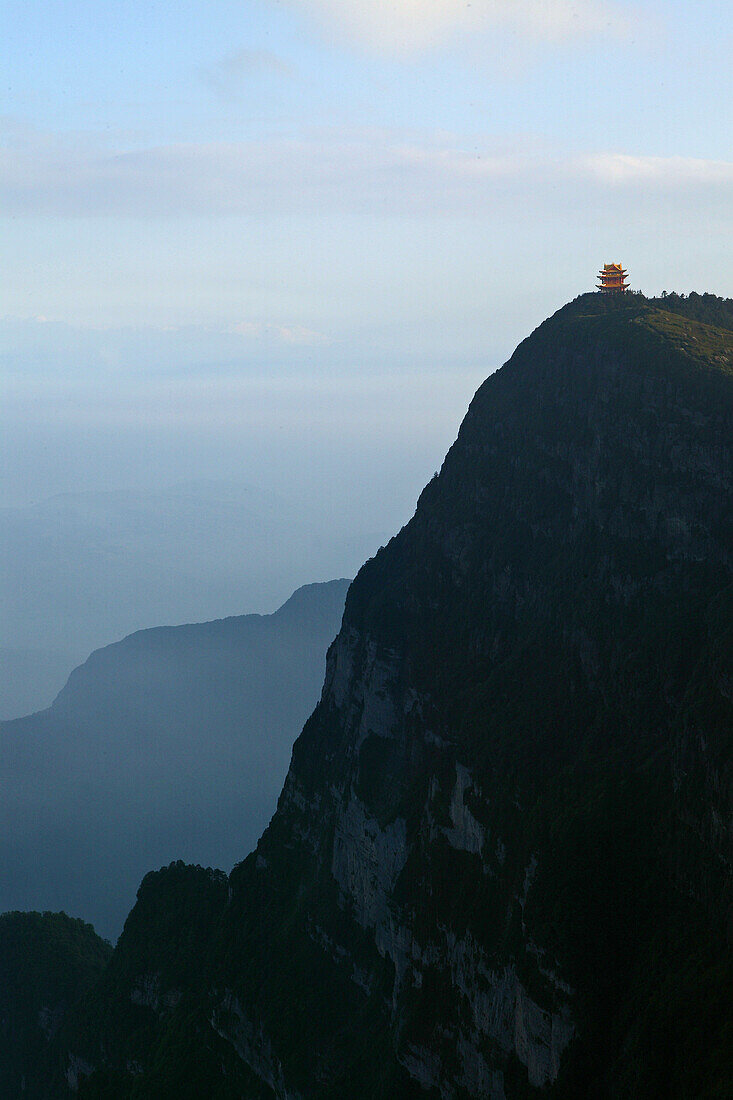 view across to new Wan Fo Ding pagoda, summit of Emei Shan mountains, World Heritage Site, UNESCO, China, Asia