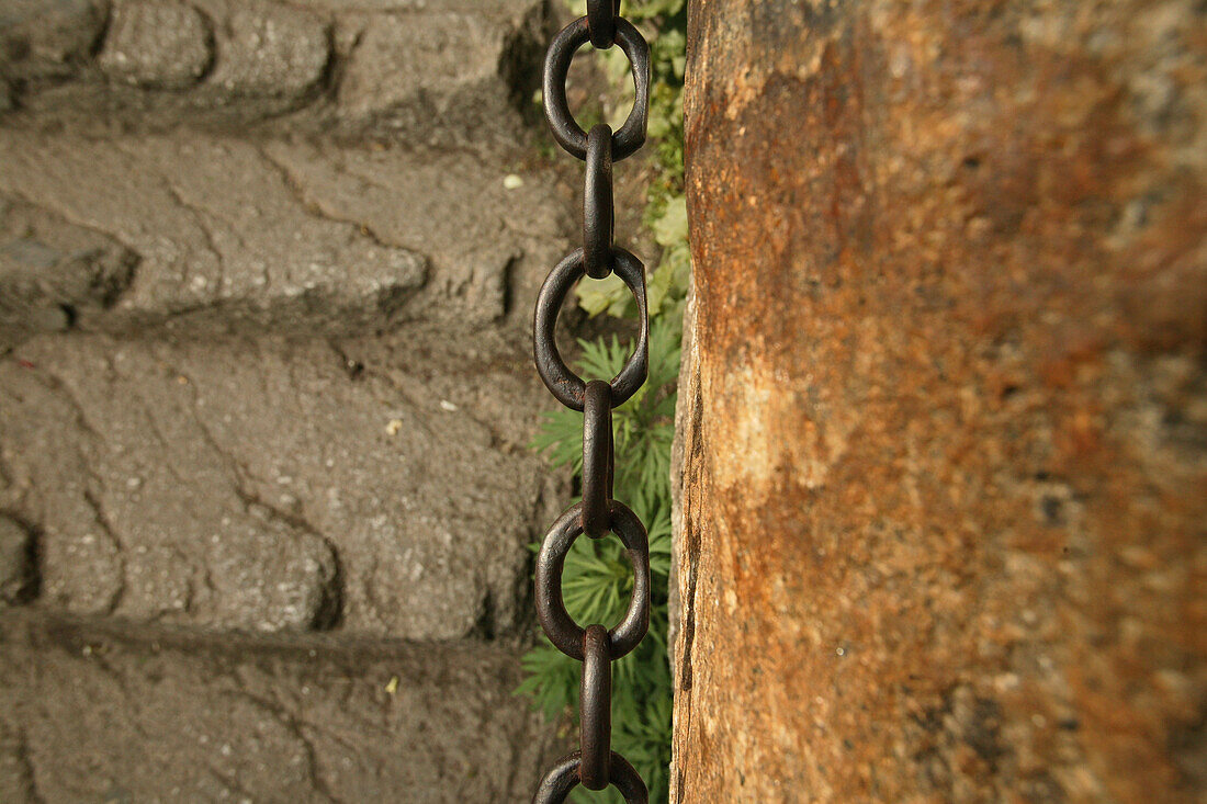 pilgrim path along stone steps with worn down chain handrail, Hua Shan, Shaanxi province, Taoist mountain, China, Asia