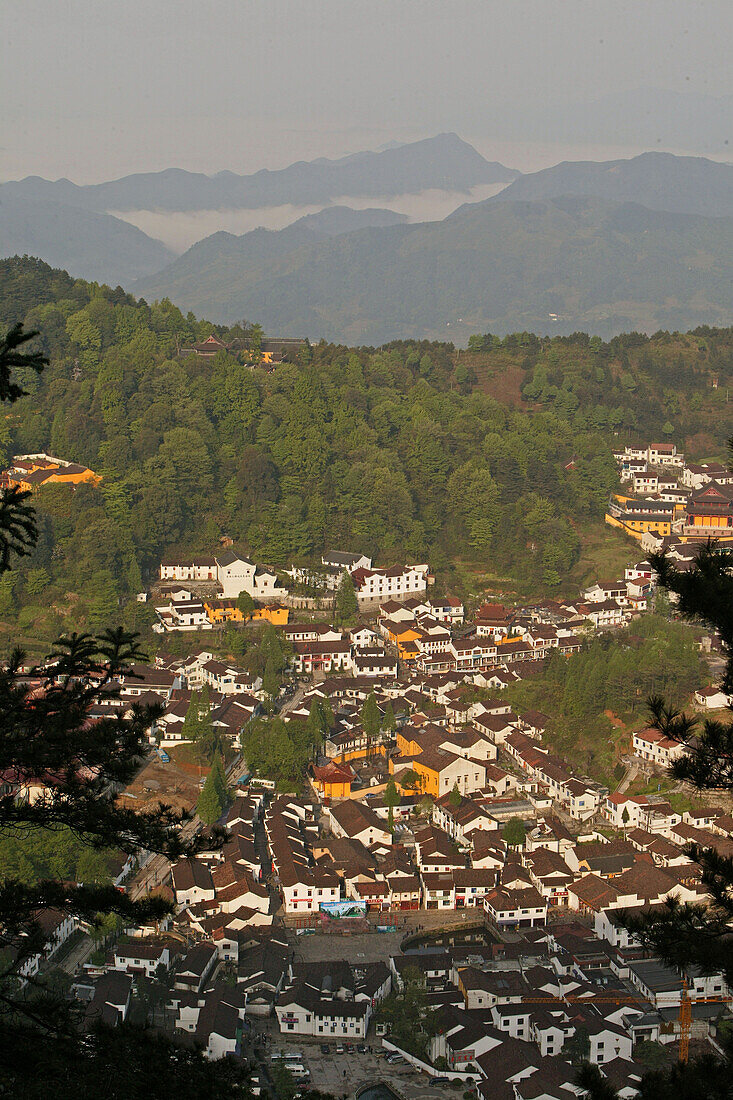 View of Jiuhua Shan Village, Jiuhuashan, Mount Jiuhua, mountain of nine flowers, Jiuhua Shan, Anhui province, China, Asia