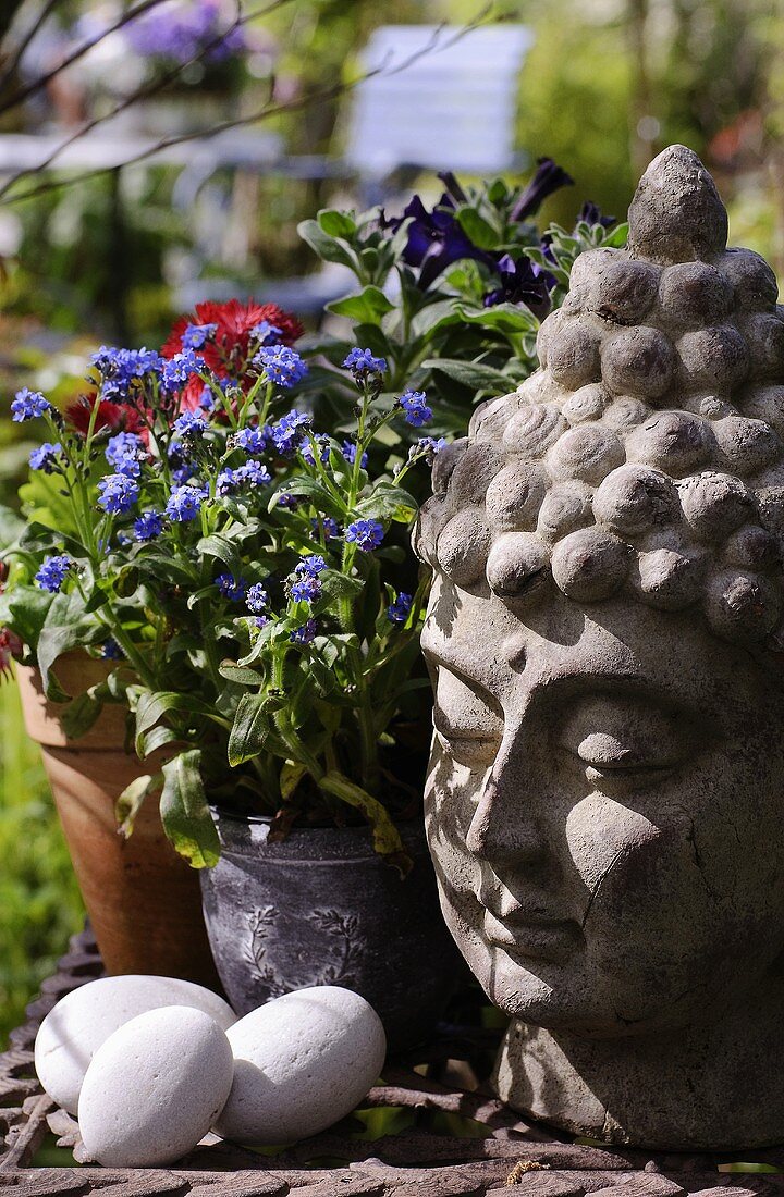 A Buddha head as a garden ornament