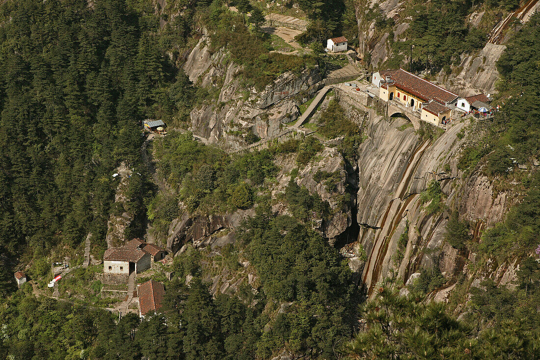 View at monasteries at a mountainside, Jiuhua Shan, Anhui province, China, Asia