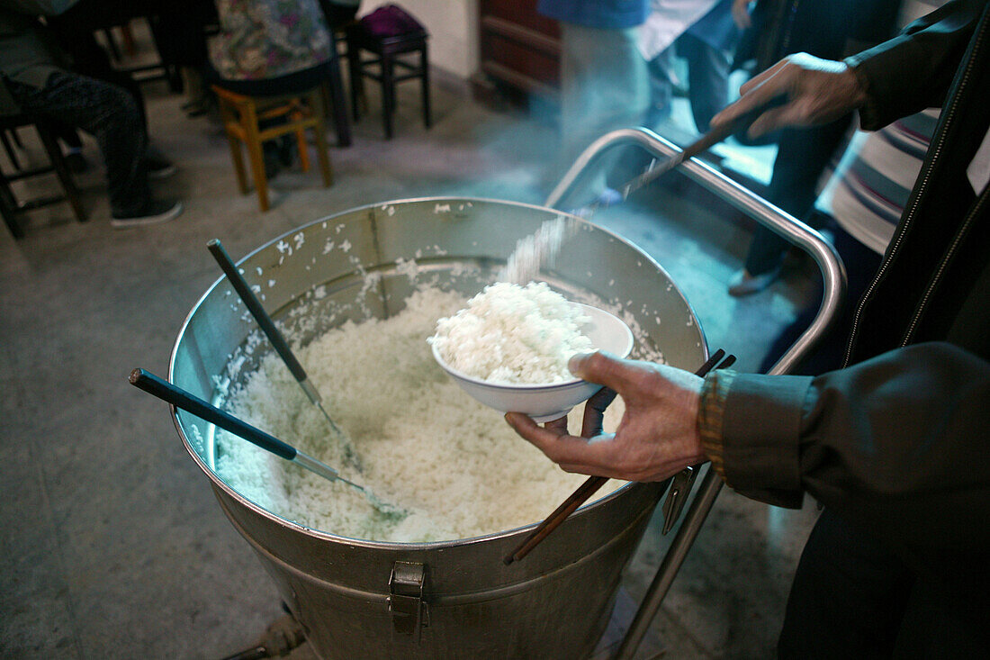 Pot of rice in the Vegetarian monastery restaurant, Buddhist Island of Putuo Shan near Shanghai, Zhejiang Province, East China Sea, China