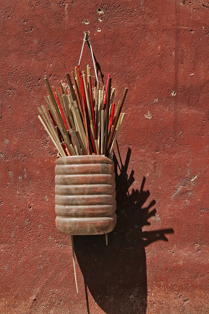 chopsticks, in basket on wall, Song Shan, Henan province, China, Asia