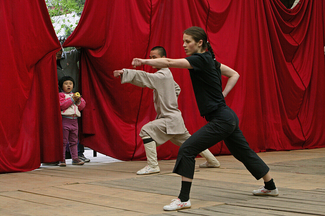 practice for foreign students in side courtyard of the Shaolin Monastery, known for Shaolin boxing, Taoist Buddhist mountain, Song Shan, Henan province, China, Asia