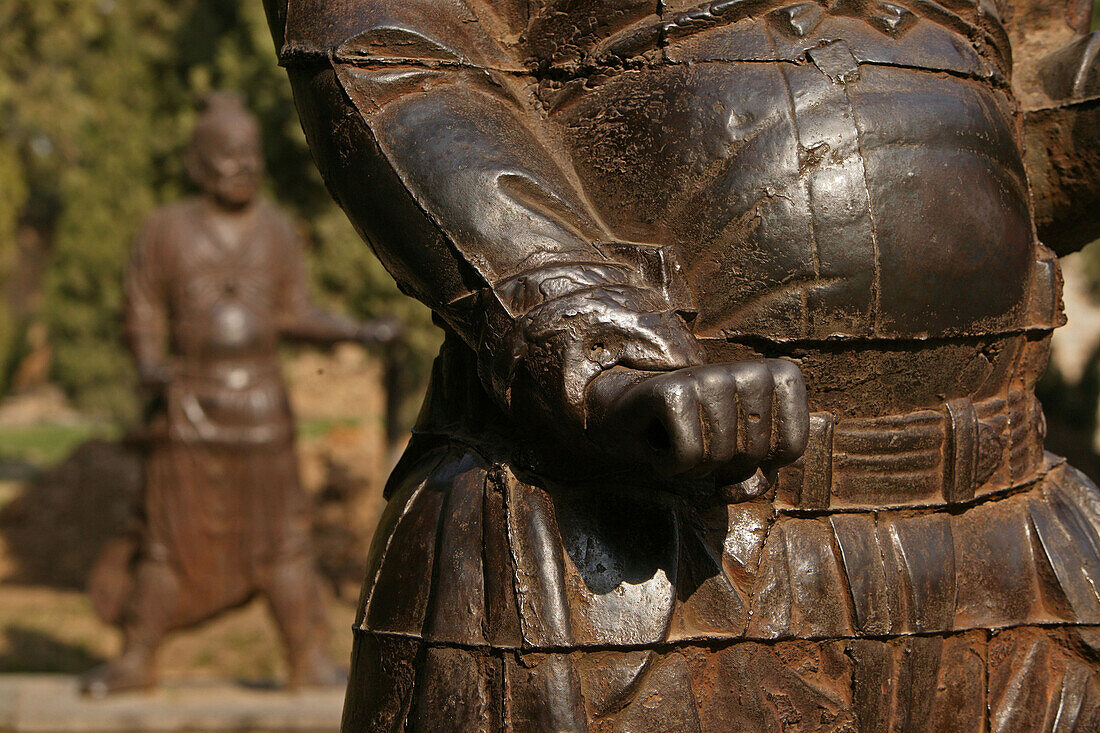 cast iron statues of temple guardians, Taoist Zhong Yue Temple, Taoist Buddhist mountain, Song Shan, Henan province, China, Asia