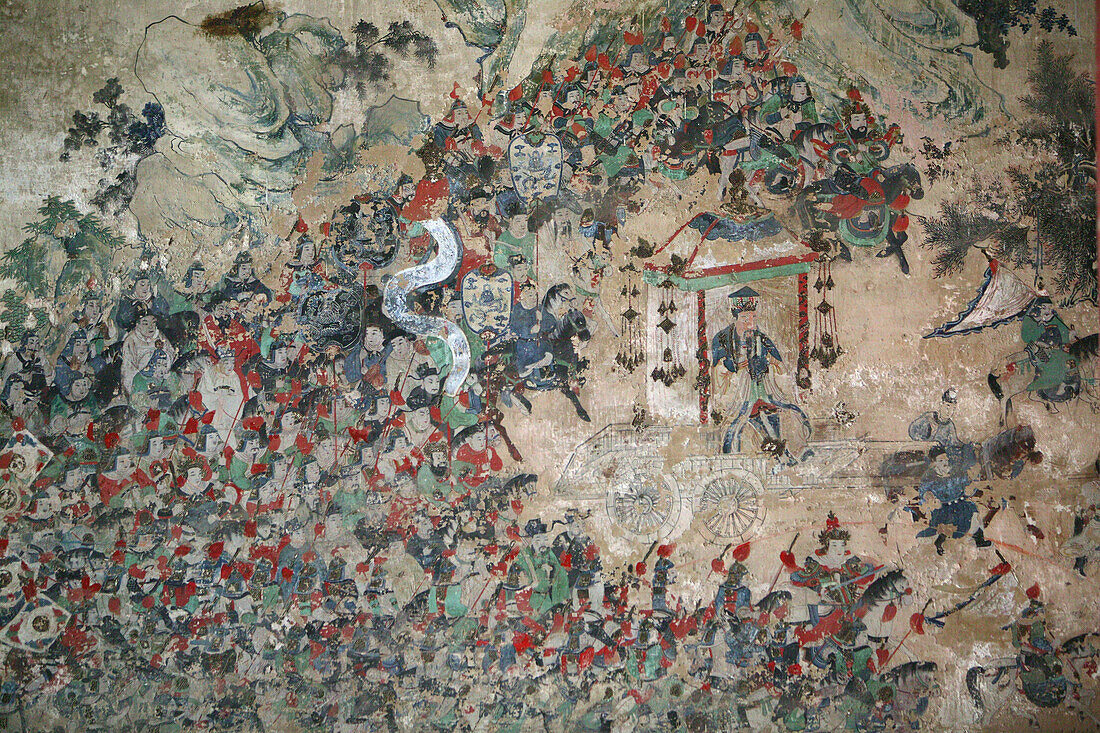 Mount Tai Tempel, Taishan,Wandfresko, zeigt den Kaiser mit Gefolge beim Opfergang auf den Tai Shan, Taishan, Provinz Shandong, Taishan, Provinz Shandong, UNESCO Weltkulturerbe, China, Asien