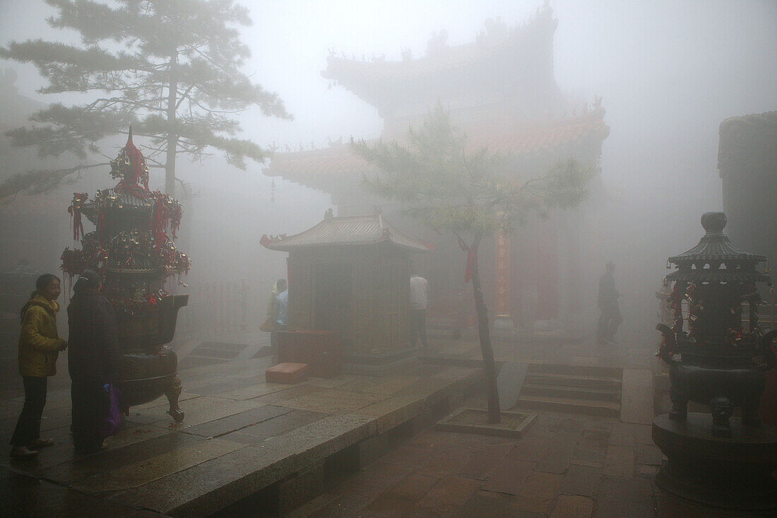 Courtyard  of Bixia Si temple in fog, Mount Tai, Tai Shan, Shandong province, World Heritage, UNESCO, China