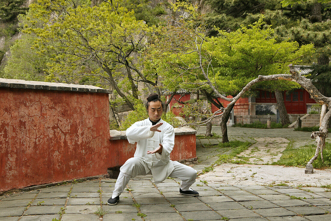 Taichi Mönch, Tai Shan,Taiji-Übung, Taoistischer Mönch Zhang Qingren demonstriert die hohe Kunst des Taichi, entlegenes Kloster Hou Shi Wu, Stone Fort, Steinfestung, Taishan, Provinz Shandong, Taishan, Provinz Shandong, UNESCO Weltkulturerbe, China, Asien