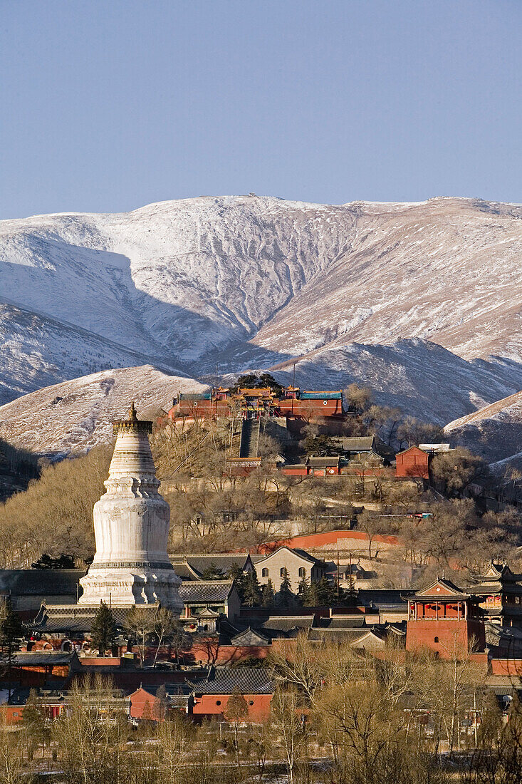 Mountains of Wutai Shan in winter, Five Terrace Mountain, Great White Pagoda, Northern Terrace, Buddhist Centre, town of Taihuai, Shanxi province, China