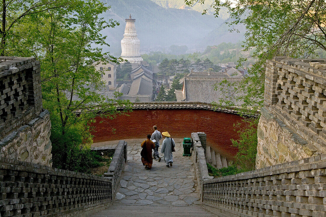 Stairs to Pusa Ding temple, White Pagoda, Xiantong Temple in the background, during birthday celebrations for Wenshu, Mount Wutai, Wutai Shan, Five Terrace Mountain, Buddhist Centre, town of Taihuai, Shanxi province, China