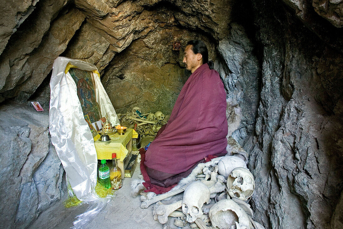 Hermit cave, Wutai Shan, Buddhist holy Mountain, Shanxi province, China, Asia, recluse, alone, solo, solitary, ascetic, bones of murdered civilians from Chinese Japanese war