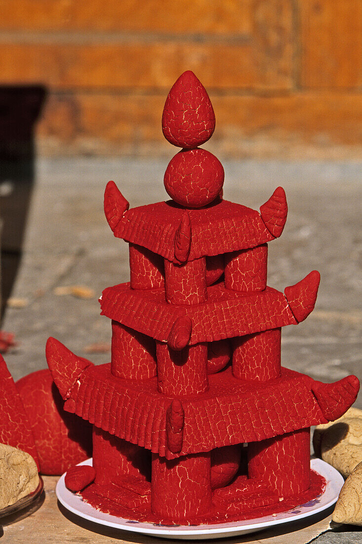 offerings modelled from red dough, Pusa Ting Temple, Monastery, Wutai Shan, Five Terrace Mountain, Buddhist centre, town of Taihuai, Shanxi province, China, Asia