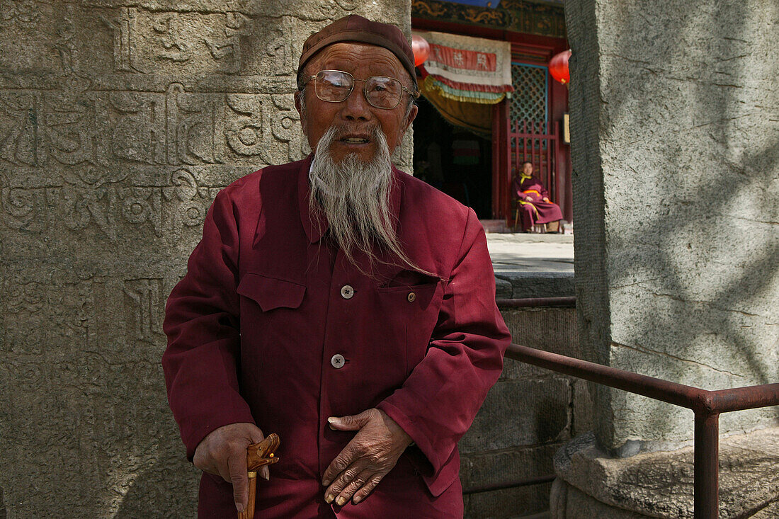 old bearded monk, Taihuai, Wutai Shan, Five Terrace Mountain, Buddhist Centre, town of Taihuai, Shanxi province, China, Asia