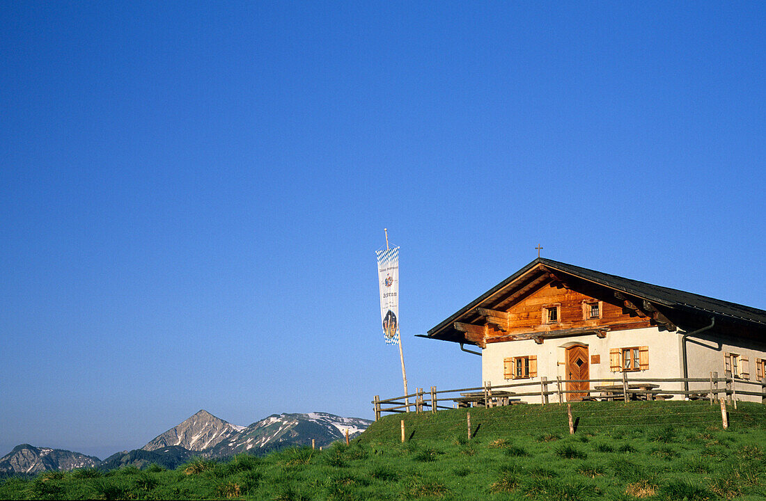 Piesenhauser Hochalm mit Blick auf Geigelstein, Chiemgauer Alpen, Oberbayern, Bayern, Deutschland