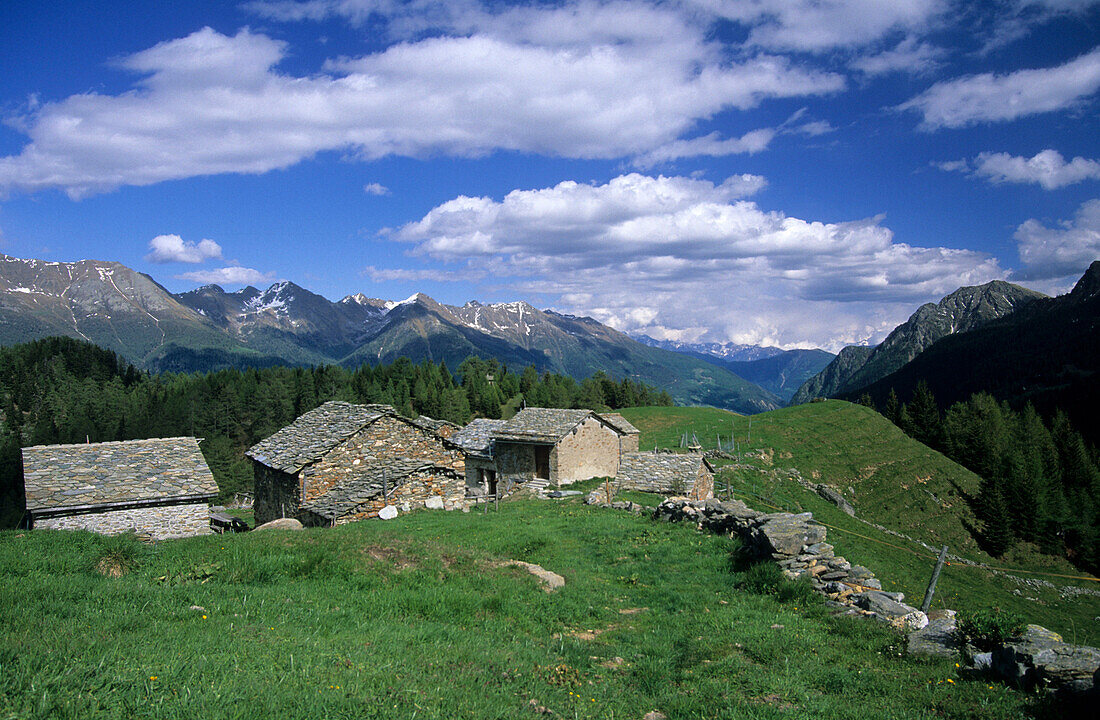 Almgebäude von Alpe d´Ur mit Blick auf Livignoalpen, Puschlav, Graubünden, Schweiz