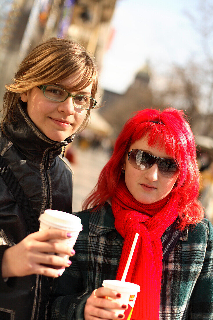 Two girls at Wensceslas Square, Nove Mesto, New Town, Prague, Czech Republic