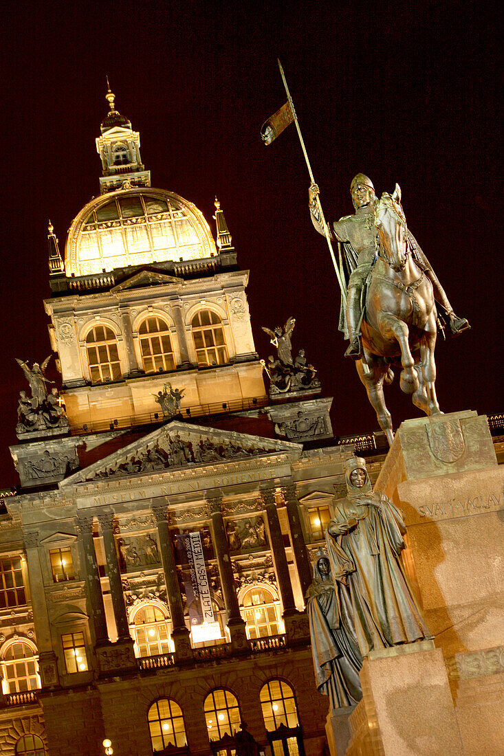 National Museum at night, Wenceslas Square, Nove Mesto, New Town, Prague, Czech Republic