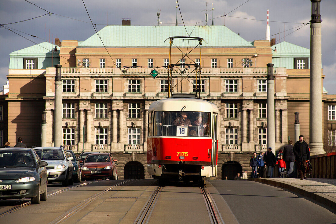 Manesuv Bridge and tram, Josefov, Prague, Czech Republic