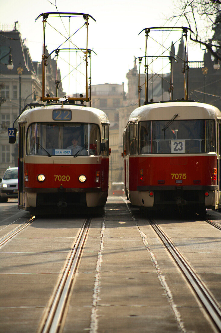 Two trams on Legii bridge, New Town, Nove Mesto, Prague, Czech Republic