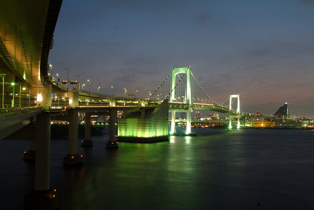 View of Rainbow Bridge at night, Tokyo, Japan