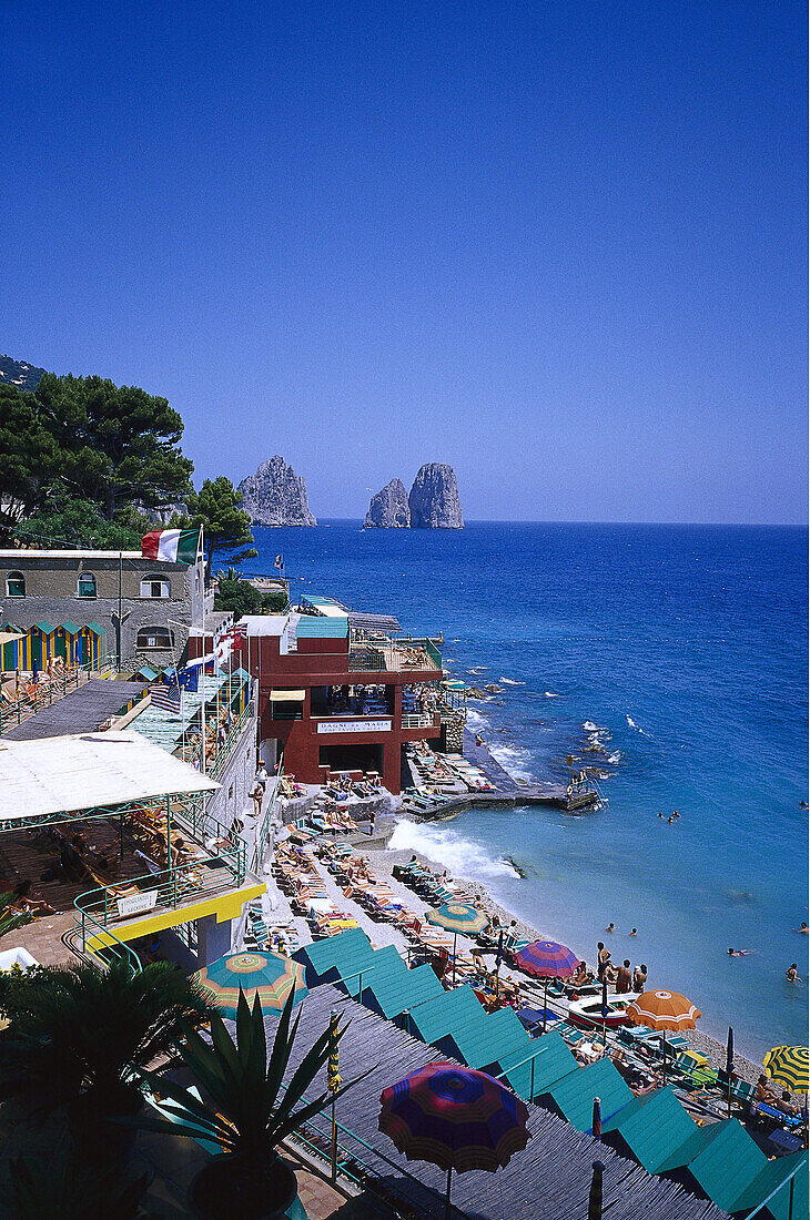 View at people on the beach under blue sky, Bagni Internazionali, Marina Piccola, Capri, Italy, Europe