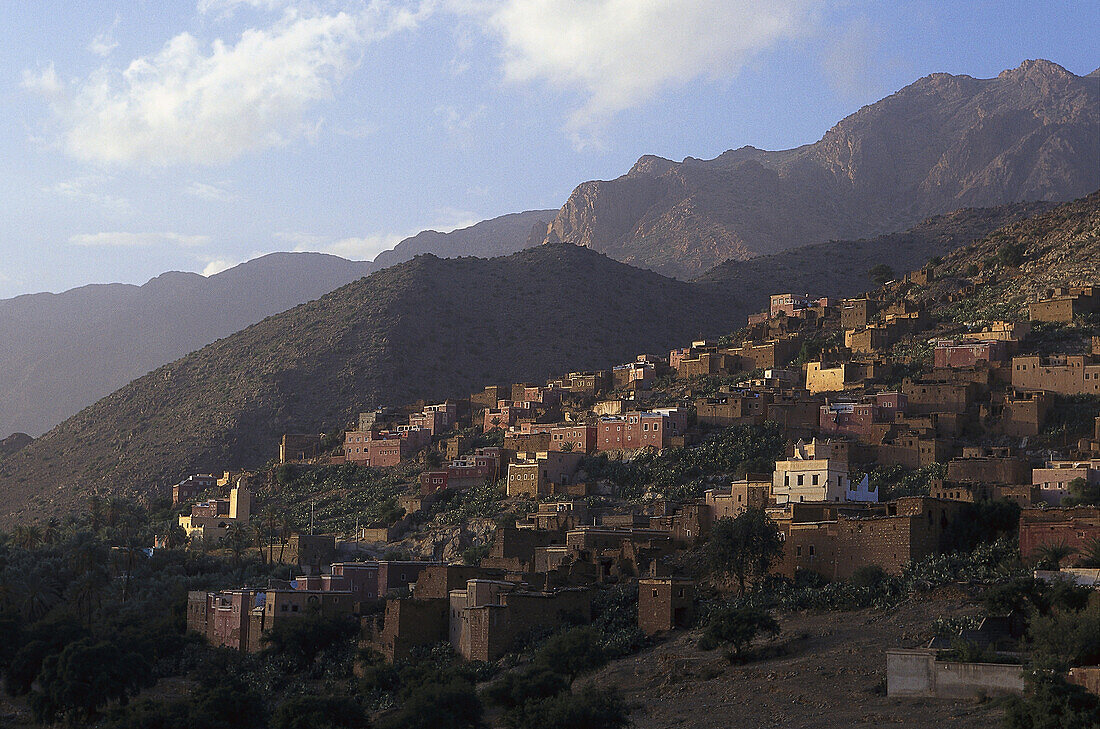 Village in mountainous landscape, Tafraoute, Marocco